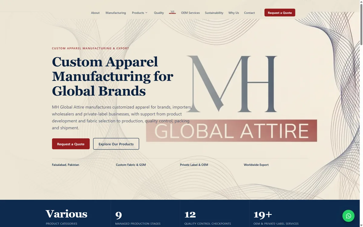 Homepage of the MH Global Attire website